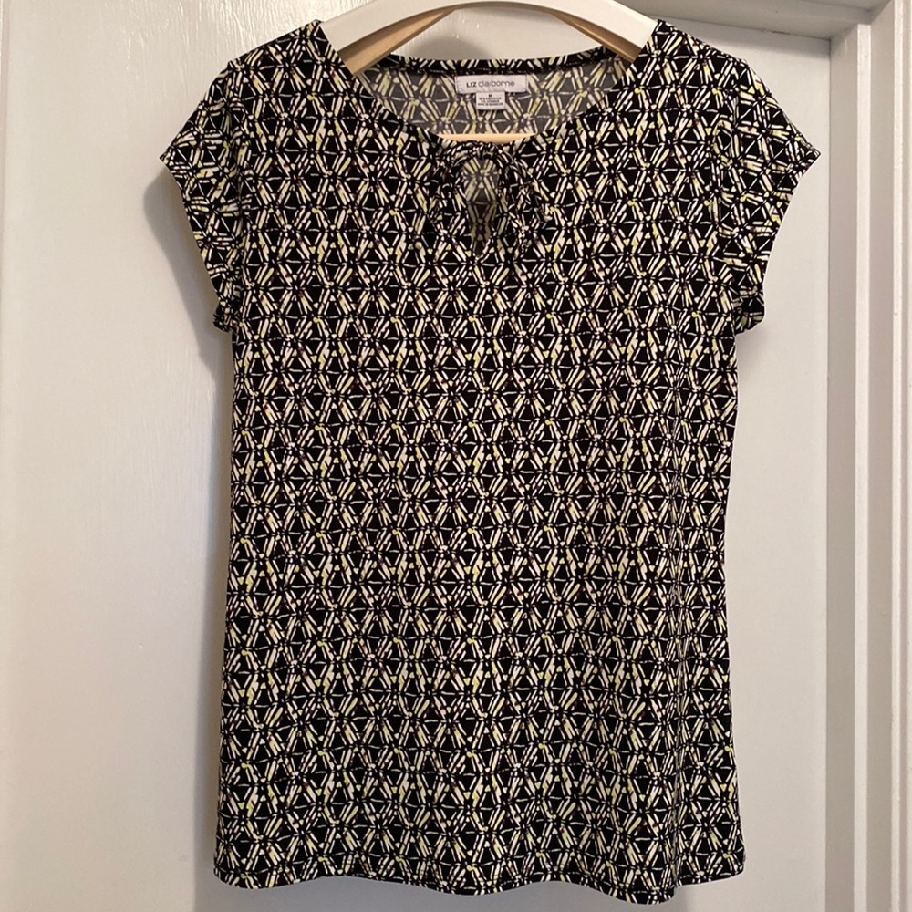 Summer shirt black, green white brown pattern, capped sleeves